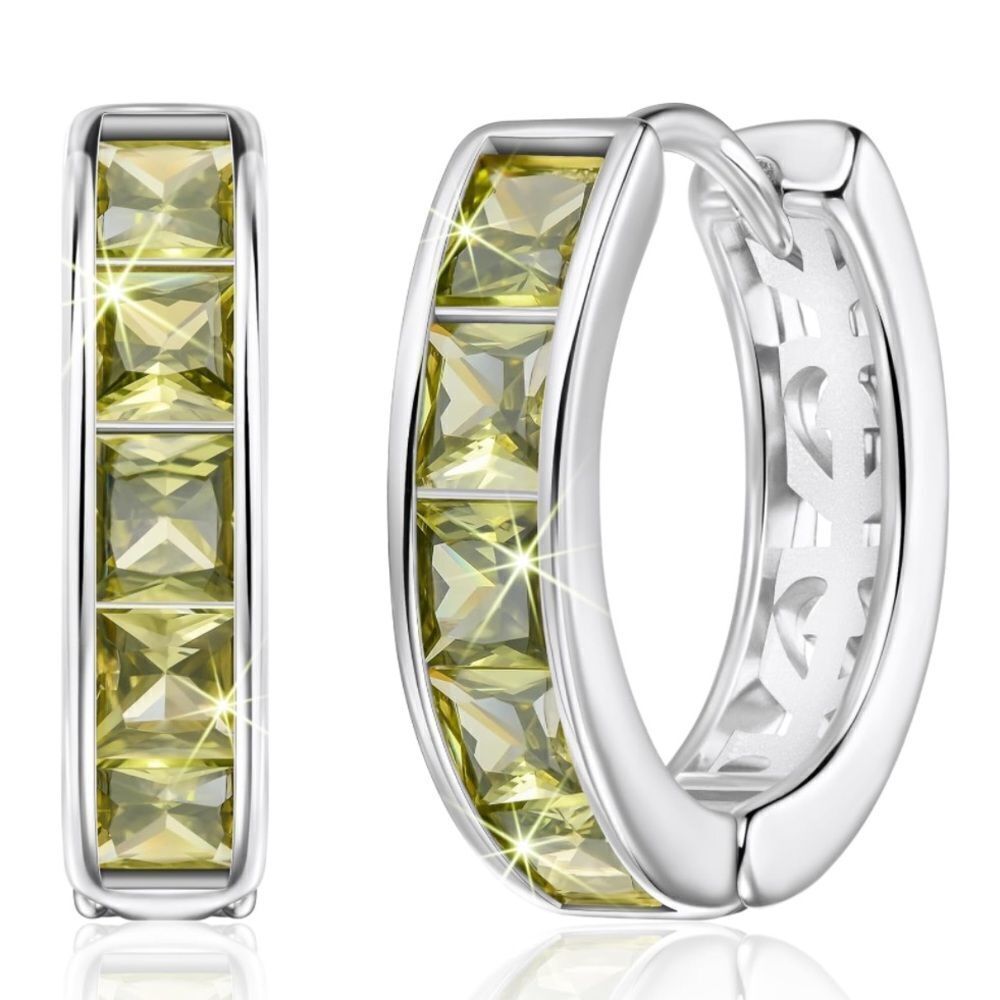 14K White Gold with Peridot Green Cubic Zirconia Princess Cut Huggie Earrings